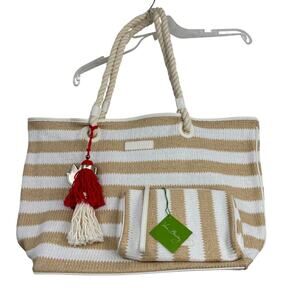 Vera Bradley Tote & Wristlet Set Natural Stripe Rope Handle Tassel Beach Travel